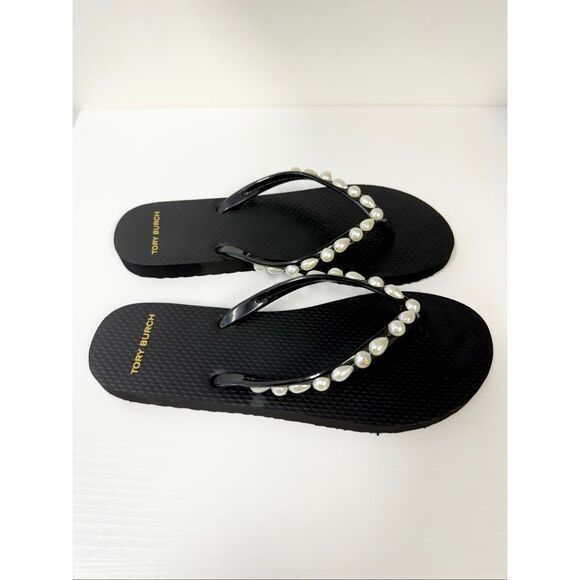 Tory Burch Pearl Embellished Flip Flop Sandals Logo 8 Black - Picture 2 of 5